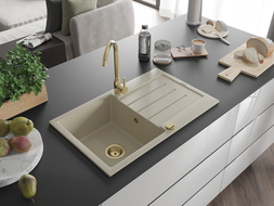 Mexen Bruno évier en granit à 1 cuve avec égouttoir 795 x 495 mm, Beige, siphon Or - 6513791010-69-G