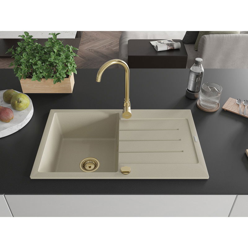 Mexen Bruno Évier en granit à 1 bac avec égouttoir 795 x 495 mm, beige, siphon doré - 6513791010-69-G