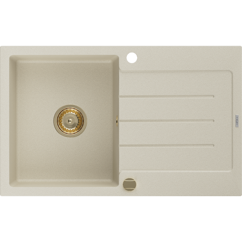 Mexen Bruno Évier en granit à 1 bac avec égouttoir 795 x 495 mm, beige, siphon doré - 6513791010-69-G