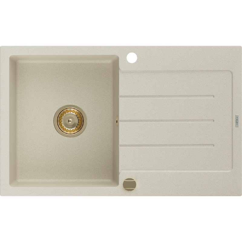 Mexen Bruno évier en granit à 1 cuve avec égouttoir 795 x 495 mm, Beige, siphon Or - 6513791010-69-G