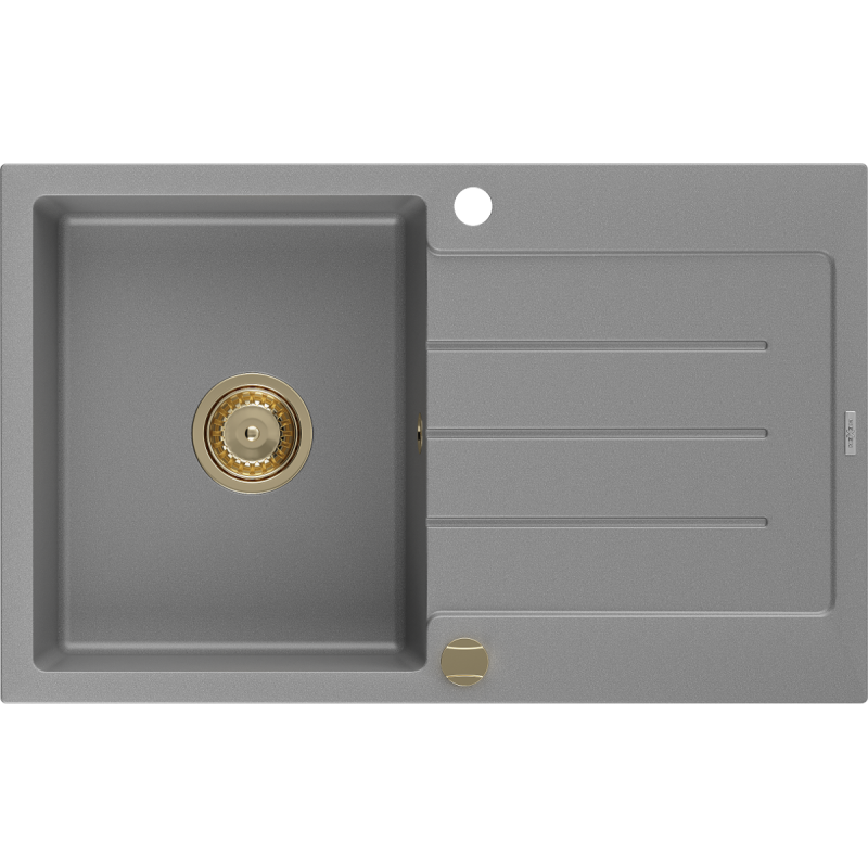 Mexen Bruno évier en granit à 1 cuve avec égouttoir 795 x 495 mm, Gris, siphon Or - 6513791010-71-G