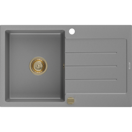 Mexen Bruno évier granitique 1-bac avec égouttoir 795 x 495 mm, gris, siphon doré - 6513791010-71-G