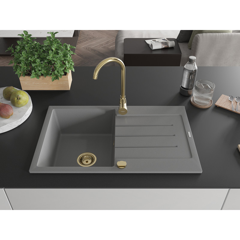 Mexen Bruno Évier de cuisine en granit 1 bac avec égouttoir 795 x 495 mm, gris, siphon doré - 6513791010-71-G