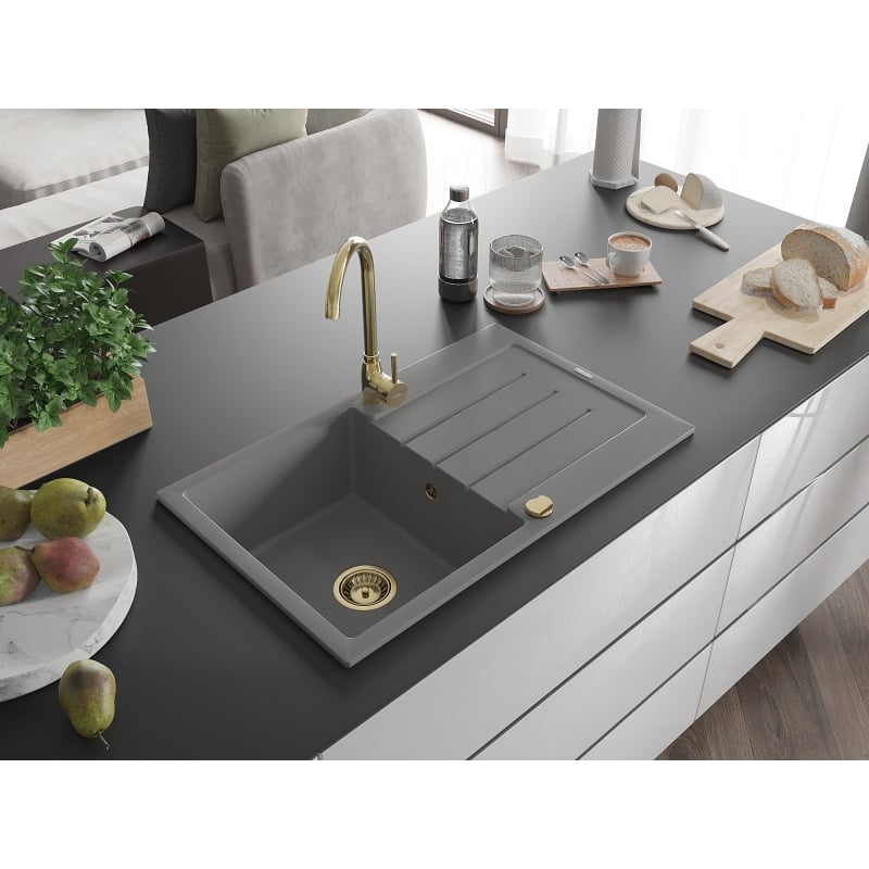 Mexen Bruno évier en granit 1 bac avec égouttoir 795 x 495 mm, gris, siphon doré - 6513791010-71-G