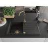 Mexen Bruno évier en granit 1 bac avec égouttoir 795 x 495 mm, noir/doré métallique, siphon doré - 6513791010-75-G