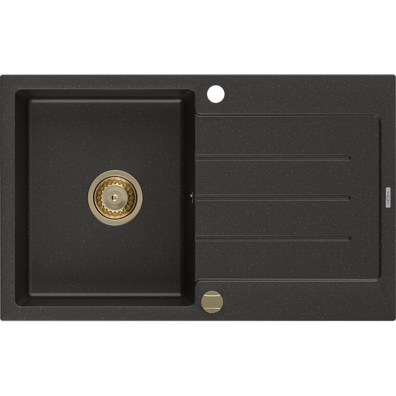 Mexen Bruno évier en granit à 1 cuve avec égouttoir 795 x 495 mm, Noir/Or métallique, siphon Or - 6513791010-75-G