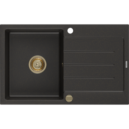 Mexen Bruno évier en granit à 1 cuve avec égouttoir 795 x 495 mm, Noir/Or métallique, siphon Or - 6513791010-75-G