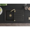 Mexen Bruno évier en granit 1 bac avec égouttoir 795 x 495 mm, noir/doré métallique, siphon doré - 6513791010-75-G