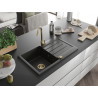 Mexen Bruno évier en granit 1 bac avec égouttoir 795 x 495 mm, noir/or métallique, siphon doré - 6513791010-75-G