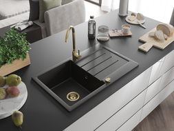 Mexen Bruno évier en granit à 1 cuve avec égouttoir 795 x 495 mm, Noir/Or métallique, siphon Or - 6513791010-75-G
