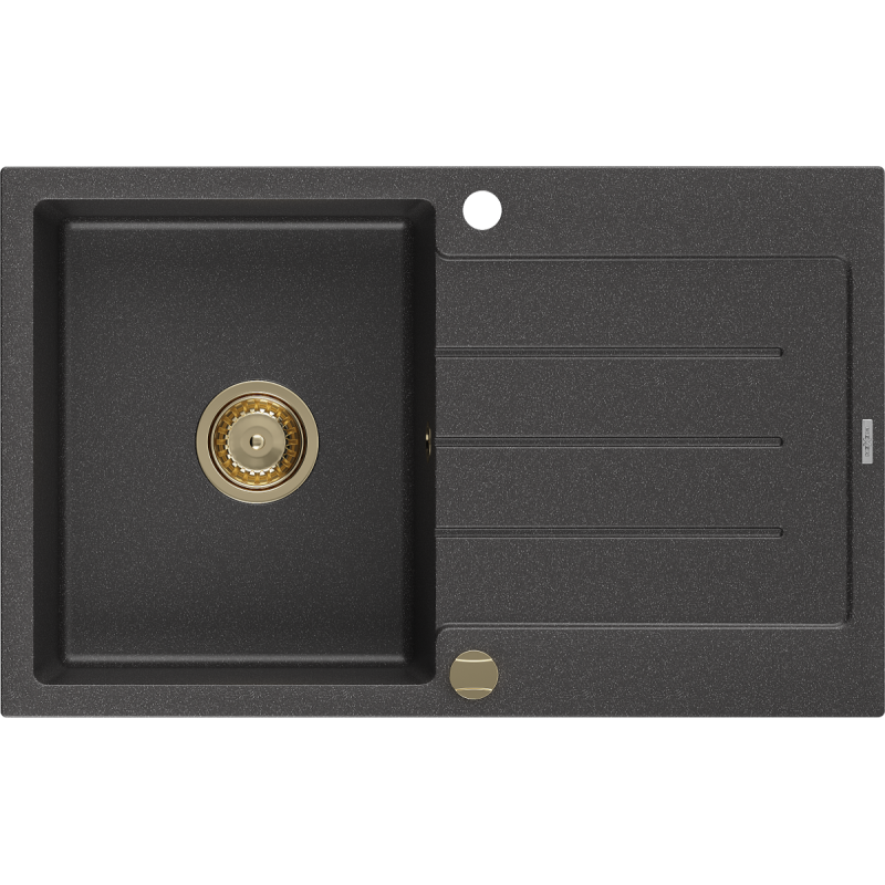 Mexen Bruno évier en granit à 1 cuve avec égouttoir 795 x 495 mm, Noir moucheté, siphon Or - 6513791010-76-G