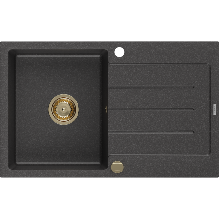 Mexen Bruno évier en granit 1 bac avec égouttoir 795 x 495 mm, noir moucheté, siphon doré - 6513791010-76-G