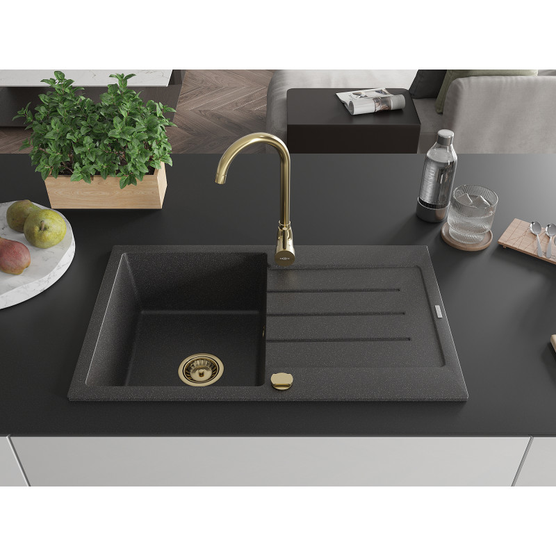 Mexen Bruno évier en granit 1 bac avec égouttoir 795 x 495 mm, noir moucheté, siphon doré - 6513791010-76-G