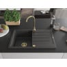Mexen Bruno évier en granit 1 bac avec égouttoir 795 x 495 mm, noir moucheté, siphon doré - 6513791010-76-G