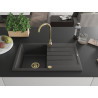 Mexen Bruno évier en granit à 1 bac avec égouttoir 795 x 495 mm, noir moucheté, siphon doré - 6513791010-76-G