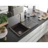 Mexen Bruno évier en granit 1 bac avec égouttoir 795 x 495 mm, noir moucheté, siphon doré - 6513791010-76-G