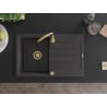 Mexen Bruno évier en granit 1 bac avec égouttoir 795 x 495 mm, noir moucheté, siphon doré - 6513791010-76-G