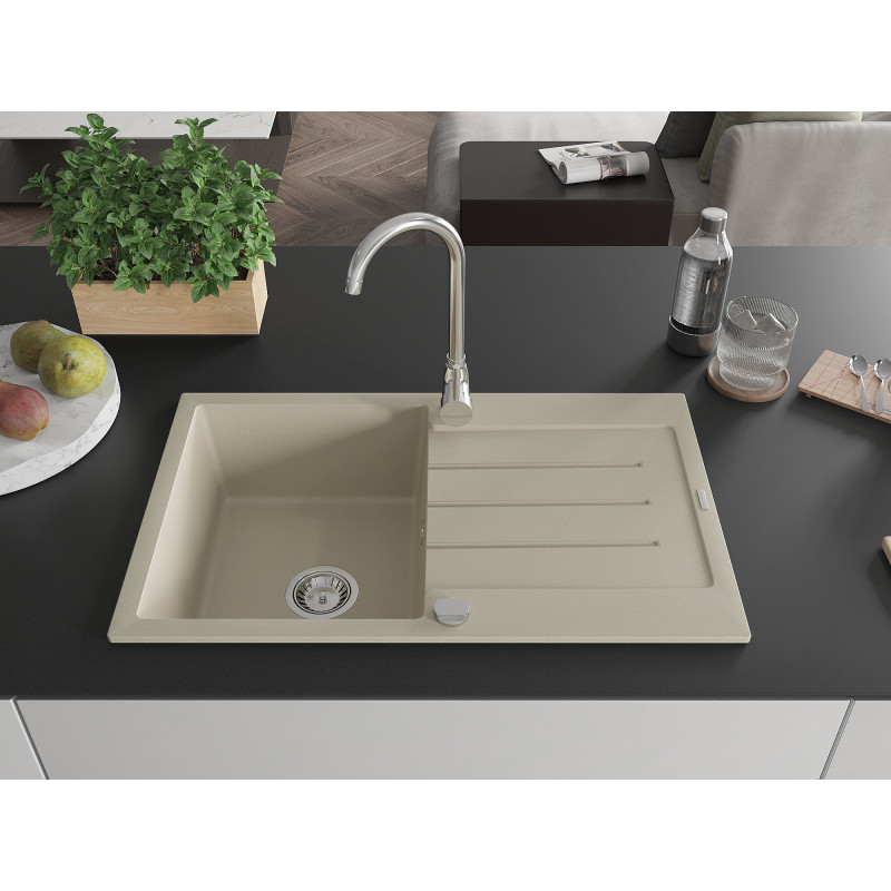 Mexen Bruno évier en granit 1 bac avec égouttoir 795 x 495 mm, beige, siphon chromé - 6513791010-69