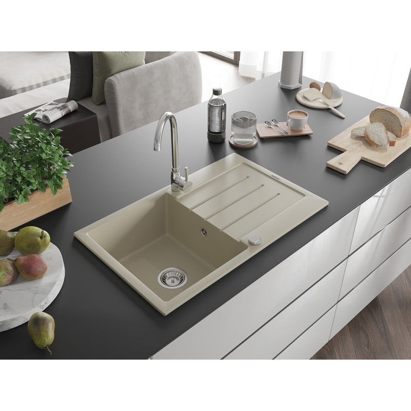 Mexen Bruno évier en granit 1 bac avec égouttoir 795 x 495 mm, beige, siphon chromé - 6513791010-69