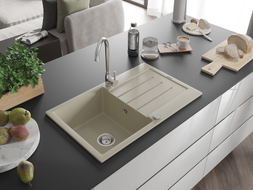 Mexen Bruno évier en granit à 1 bac avec égouttoir 795 x 495 mm, beige, siphon chromé - 6513791010-69