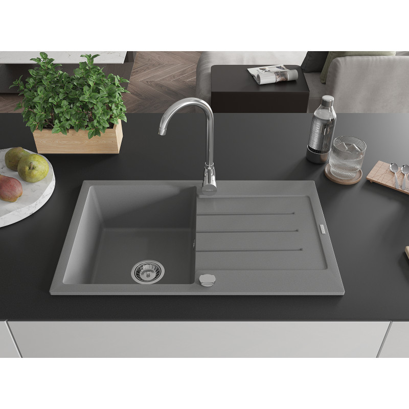 Mexen Bruno évier en granit 1 bac avec égouttoir 795 x 495 mm, gris, siphon chrome - 6513791010-71