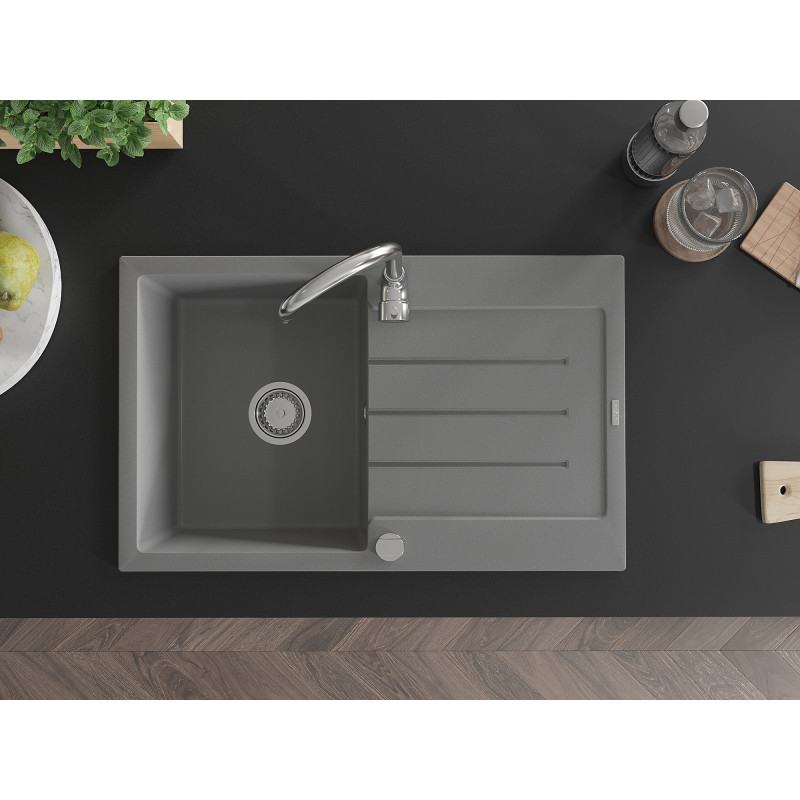 Mexen Bruno évier en granit à 1 bac avec égouttoir 795 x 495 mm, gris, siphon chromé - 6513791010-71