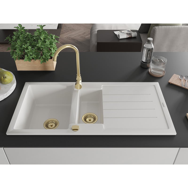 Mexen Andres évier en granit 1,5 bac avec égouttoir 1000 x 500 mm, blanc, siphon doré - 6515101510-20-G