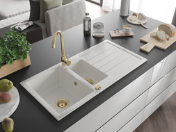 Mexen Andres évier en granit à 1,5 cuvette avec égouttoir 1000 x 500 mm, Blanc, siphon Or - 6515101510-20-G