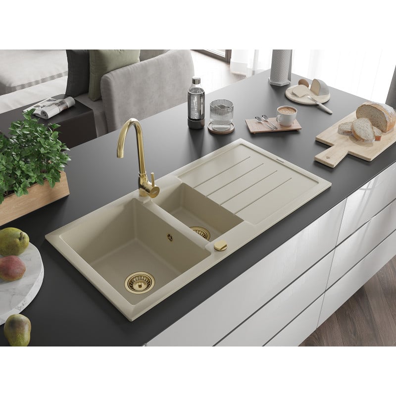 Mexen Andres évier en granit 1,5 bac avec égouttoir 1000 x 500 mm, beige, siphon doré - 6515101510-69-G