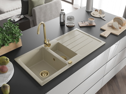 Mexen Andres évier en granit à 1,5 cuvette avec égouttoir 1000 x 500 mm, Beige, siphon Or - 6515101510-69-G