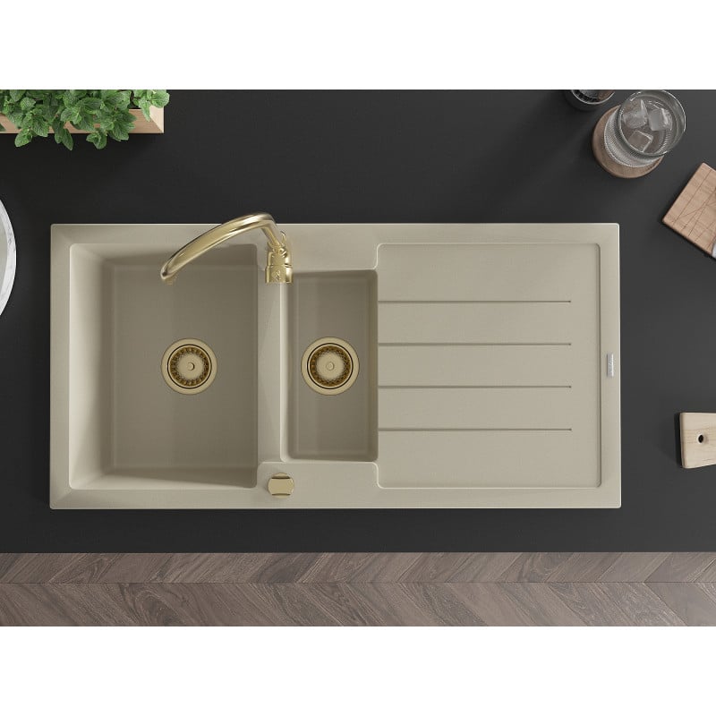Mexen Andres évier en granit 1,5 bac avec égouttoir 1000 x 500 mm, beige, siphon doré - 6515101510-69-G