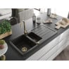 Mexen Andres évier en granit à 1,5 cuvette avec égouttoir 1000 x 500 mm Noir/Or métallique, siphon Or - 6515101510-75-G