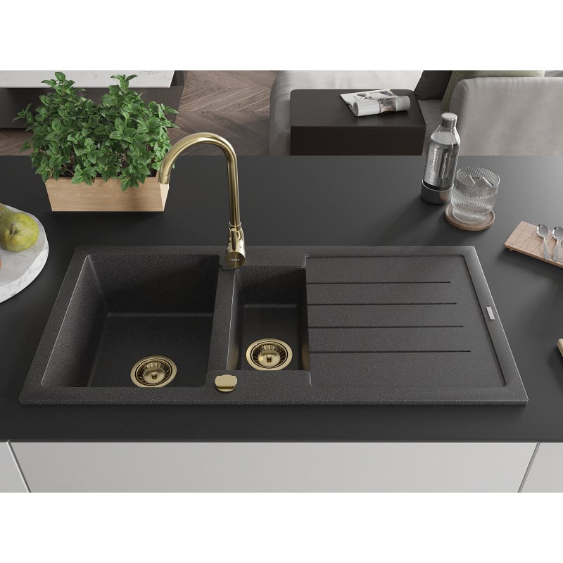 Mexen Andres évier en granit 1,5 bac avec égouttoir 1000 x 500 mm noir moucheté, siphon doré - 6515101510-76-G