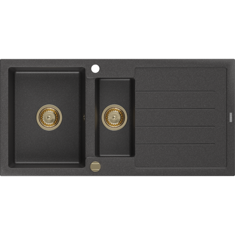 Mexen Andres évier en granit à 1,5 cuvette avec égouttoir 1000 x 500 mm Noir moucheté, siphon Or - 6515101510-76-G