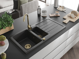 Mexen Andres évier en granit à 1,5 cuvette avec égouttoir 1000 x 500 mm Noir moucheté, siphon Or - 6515101510-76-G