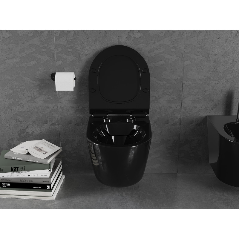 Mexen Lena cuvette WC sans bride avec abattant à descente amortie slim, duroplast, noir brillant - 30224070