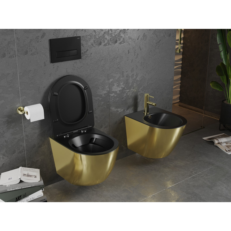 Mexen Lena cuvette WC sans rebord avec abattant slim à descente progressive, duroplast, noir mat/or - 30224076