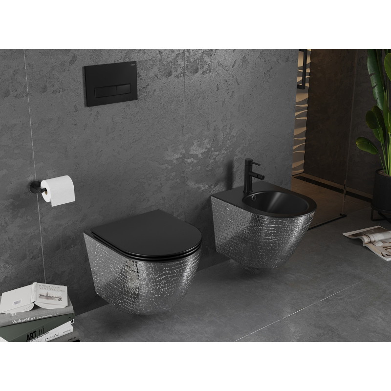 Mexen Lena cuvette WC Rimless avec abattant à descente progressive slim, duroplast, noir mat/motif écaille argent - 30224072