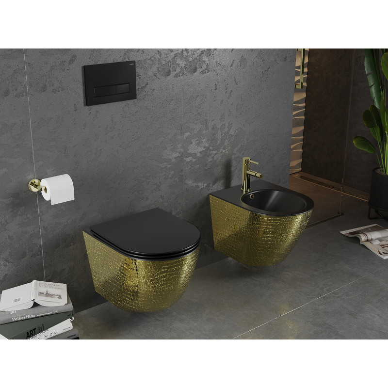 Mexen Lena cuvette WC Rimless avec siège à descente lente slim, duroplast, noir mat/or motif écailles - 30224078