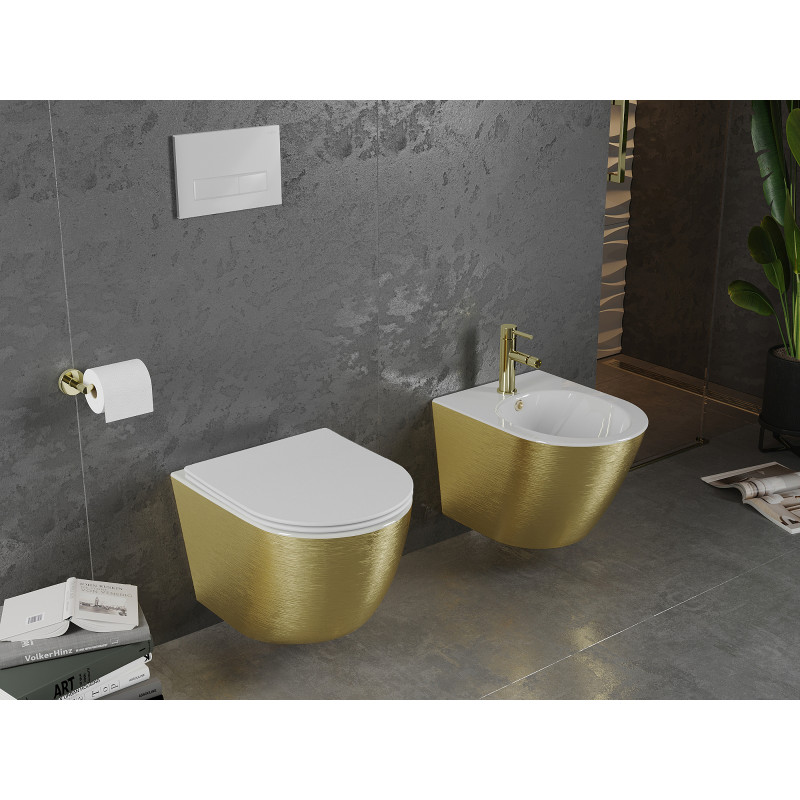 Mexen Lena cuvette WC sans bride avec abattant slim à descente progressive, duroplast, blanc/or motif lignes - 30224007