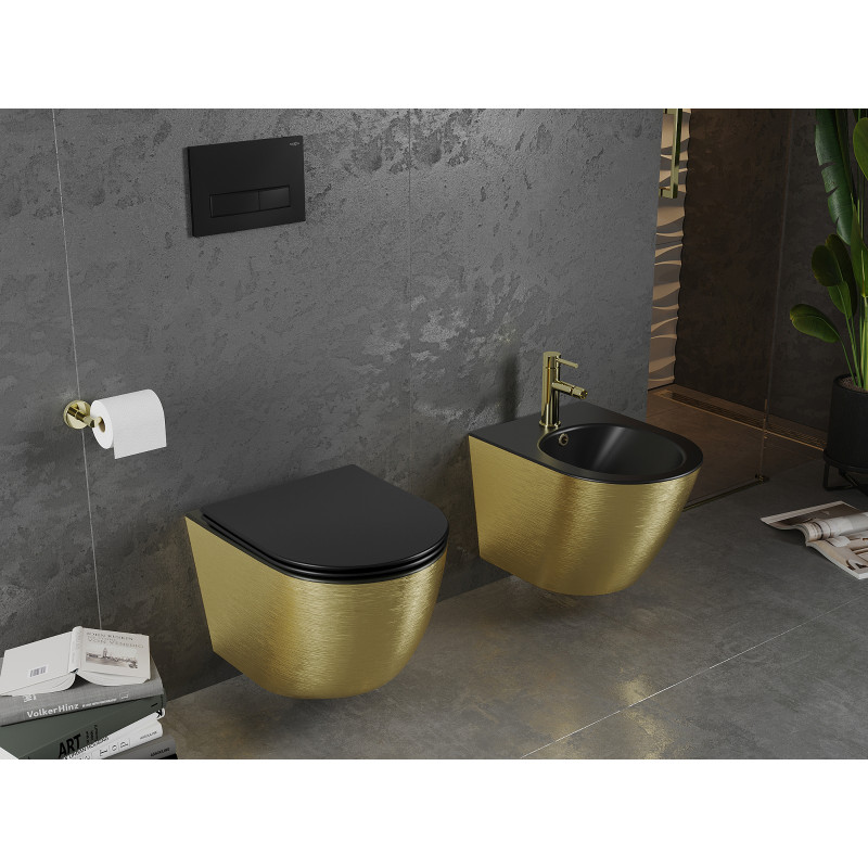 Mexen Lena cuvette wc Rimless avec abattant slim à descente progressive, duroplast, noir mat/motif lignes dorées - 30224077
