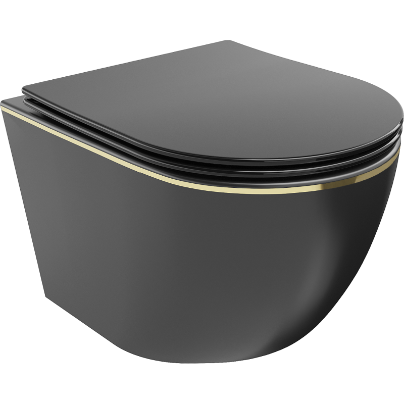Mexen Lena cuvette WC sans rebord avec abattant à descente lente, slim, duroplast, noir mat/ligne dorée - 30224075