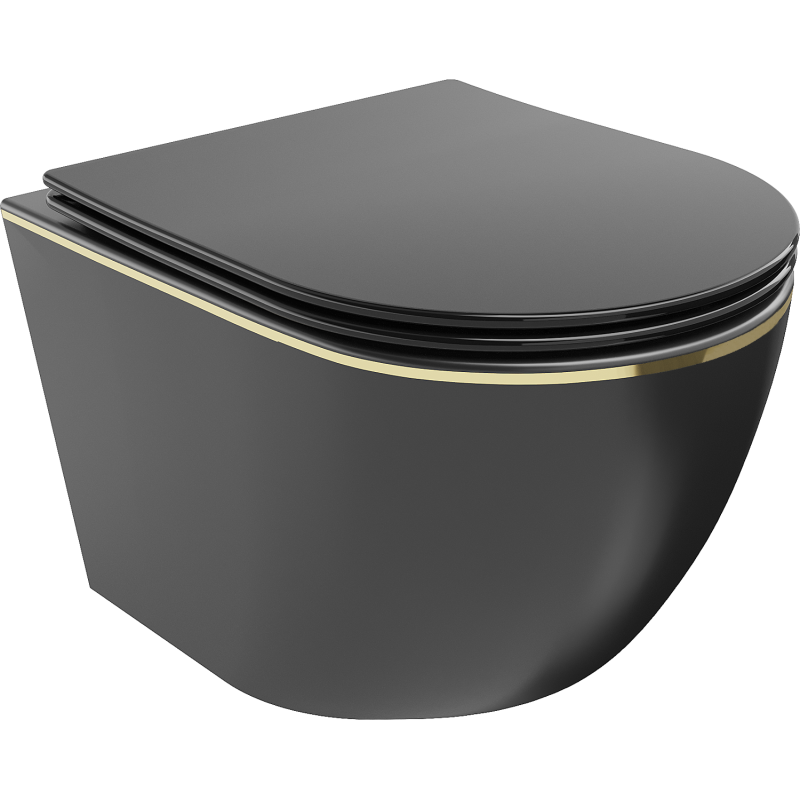 Mexen Lena cuvette WC sans rebord avec abattant à descente lente slim, duroplast, noir mat/ligné or - 30224075