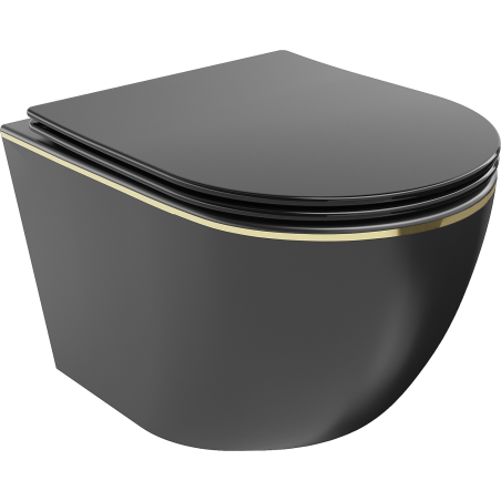 Mexen Lena cuvette WC Rimless avec abattant slim à descente lente, duroplast, noir mat/ligne dorée - 30224075