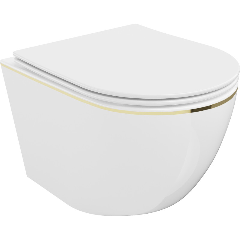 Mexen Lena chaise WC sans bride avec abattant à descente progressive slim, duroplast, blanc/ligne dorée - 30224005