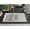 Mexen Matias évier en granit 1,5 bac avec égouttoir 900 x 505 mm, blanc, siphon doré - 6502901505-20-G