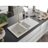 Mexen Matias évier en granit 1,5 bac avec égouttoir 900 x 505 mm, blanc, siphon doré - 6502901505-20-G