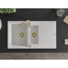 Mexen Matias évier en granit 1,5 bac avec égouttoir 900 x 505 mm, blanc, siphon doré - 6502901505-20-G