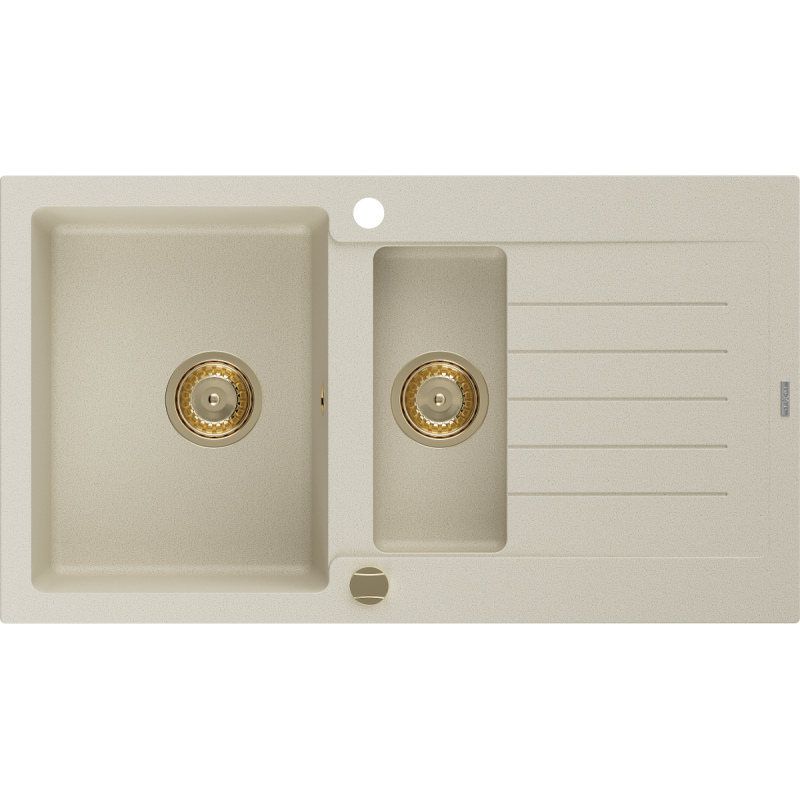Mexen Matias évier en granit 1,5 bac avec égouttoir 900 x 505 mm, beige, siphon doré - 6502901505-69-G