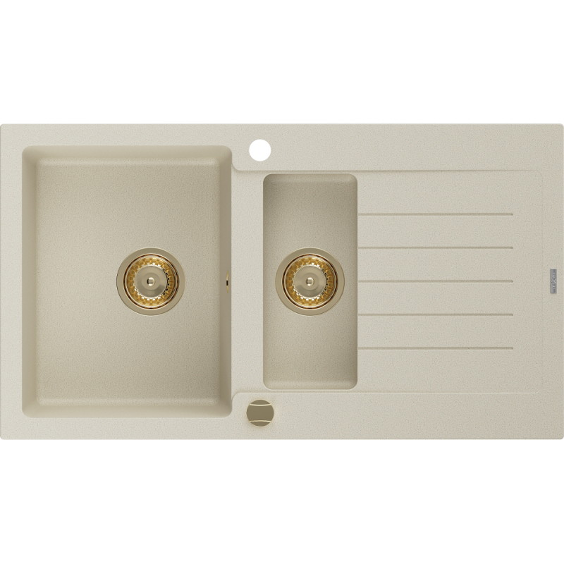 Mexen Matias évier en granit 1,5 cuves avec égouttoir 900 x 505 mm, beige, siphon doré - 6502901505-69-G